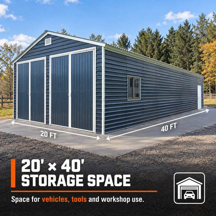 Abri de Garage Métallique 20' x 40' Bâtiment en Acier, Charge de Neige de 35 PSF, Deux Portes Doubles de 8'4", Porte d'Entrée Latérale, Hauteur au Sommet de 13', Plan d'Ingénierie TMG-MSE2040-SR35