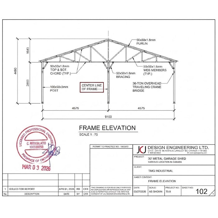 Abri-garage métallique en acier de 30' x 40', charge de neige de 35 PSF, portes avant de 10', porte d'entrée latérale, dessin technique TMG-MSE3040-SR35