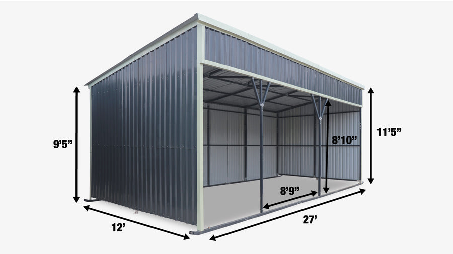 Abri à chevaux 12 pi x 27 pi avec base à patins portable et large ouverture frontale pour le bétail, assemblage par boulons et écrous TMG-MSK1227