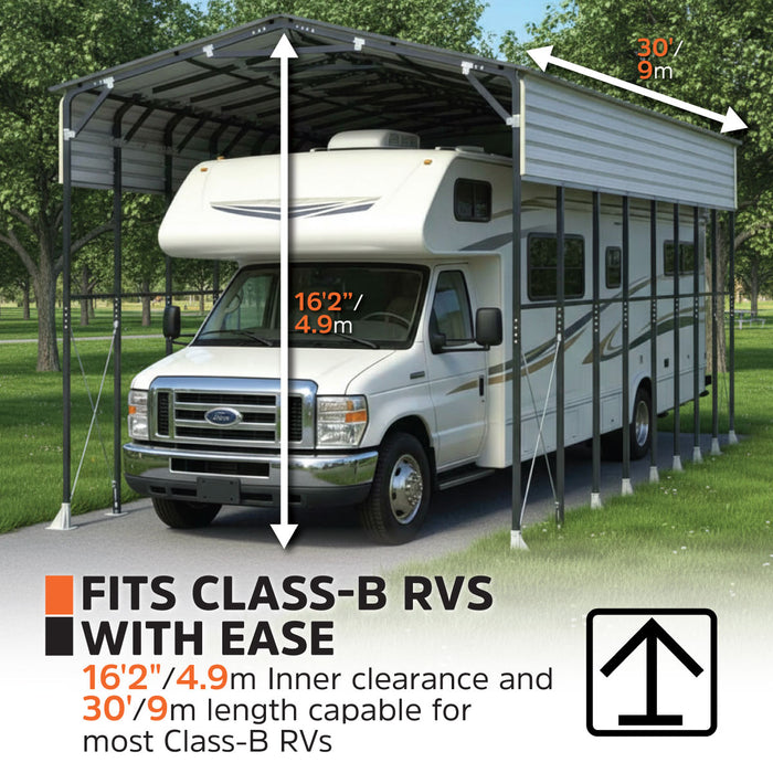 14' x 30' Metal Shed Shelter for Class-B RV, 16'2" Peak Height, 15' Inner Clearance, 14'1" Open Sidewalls, TMG-MSRV1430