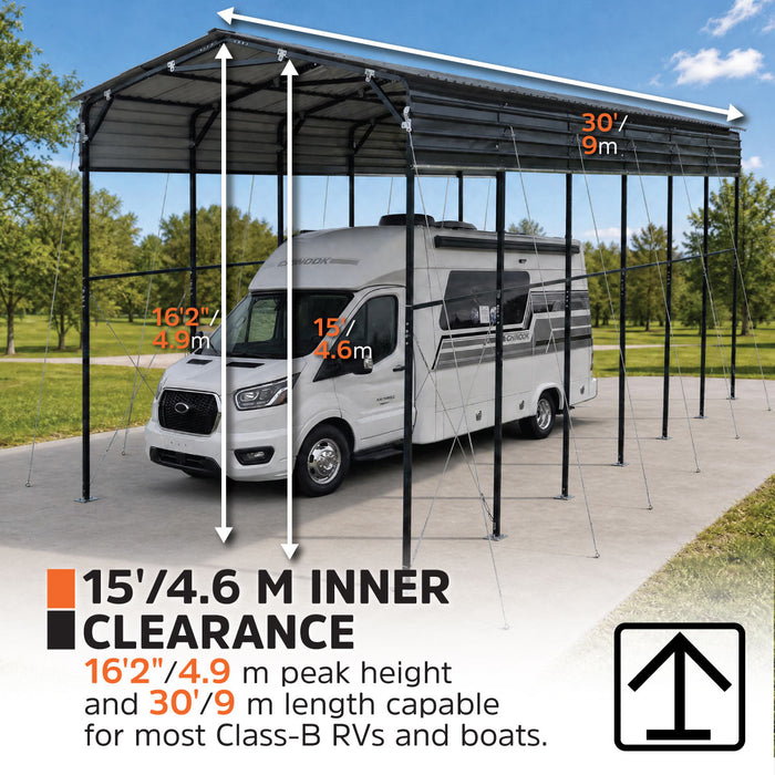 Abri VR Métallique 14' x 30', Hauteur de Pointe 16'2", Dégagement Intérieur 15', Parois Latérales Ouvertes 14'1", TMG-MSRV1430