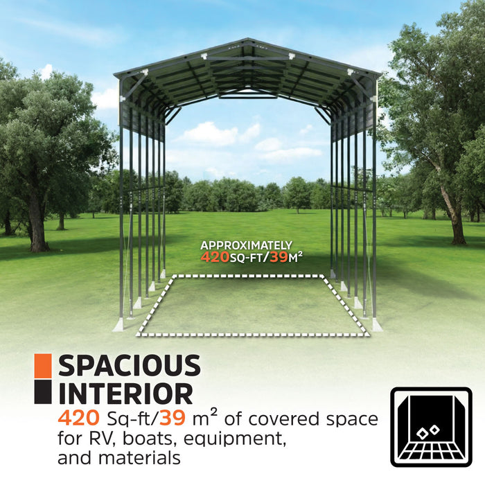 14' x 30' Metal Shed Shelter for Class-B RV, 16'2" Peak Height, 15' Inner Clearance, 14'1" Open Sidewalls, TMG-MSRV1430