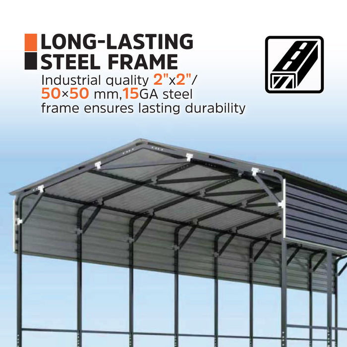 14' x 30' Metal Shed Shelter for Class-B RV, 16'2" Peak Height, 15' Inner Clearance, 14'1" Open Sidewalls, TMG-MSRV1430
