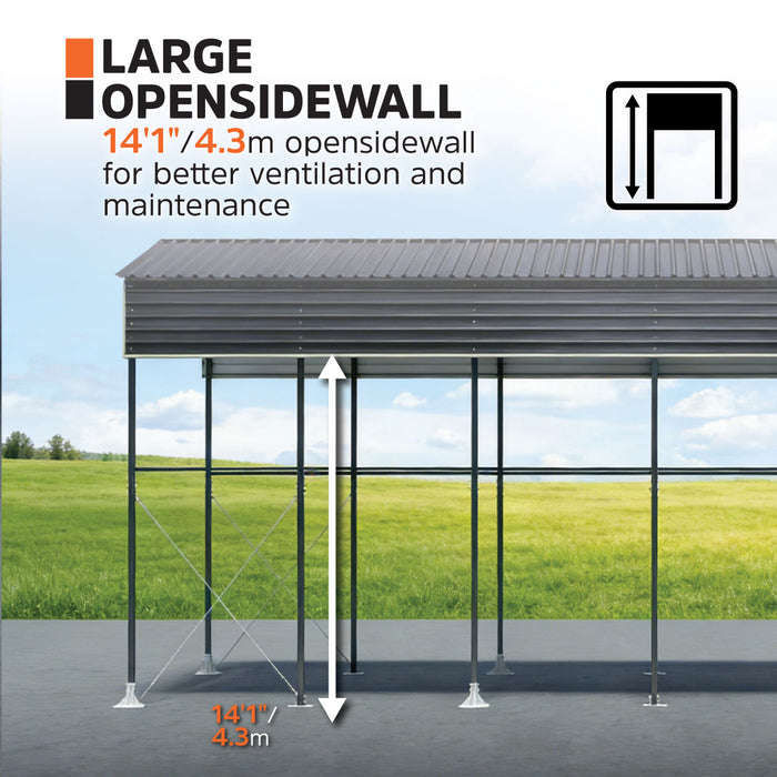 14' x 30' Metal Shed Shelter for Class-B RV, 16'2" Peak Height, 15' Inner Clearance, 14'1" Open Sidewalls, TMG-MSRV1430