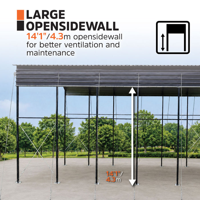 Abri VR Métallique 14' x 30', Hauteur de Pointe 16'2", Dégagement Intérieur 15', Parois Latérales Ouvertes 14'1", TMG-MSRV1430