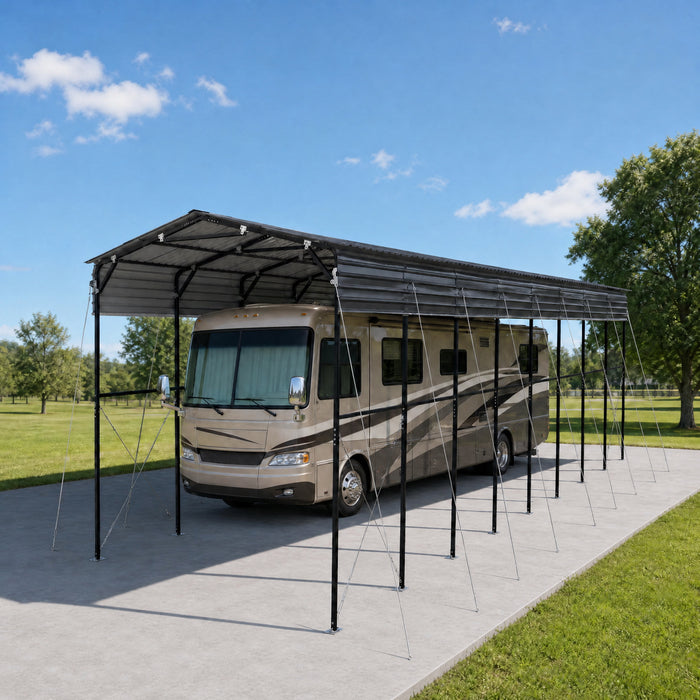 14' x 40' Metal Shed Shelter for Class-A RV, 16'2" Peak Height, 15' Inner Clearance, 14'1" Open Sidewalls, TMG-MSRV1440