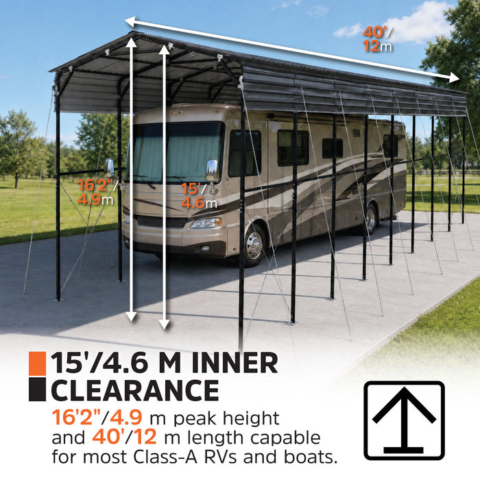 14' x 40' Metal Shed Shelter for Class-A RV, 16'2" Peak Height, 15' Inner Clearance, 14'1" Open Sidewalls, TMG-MSRV1440