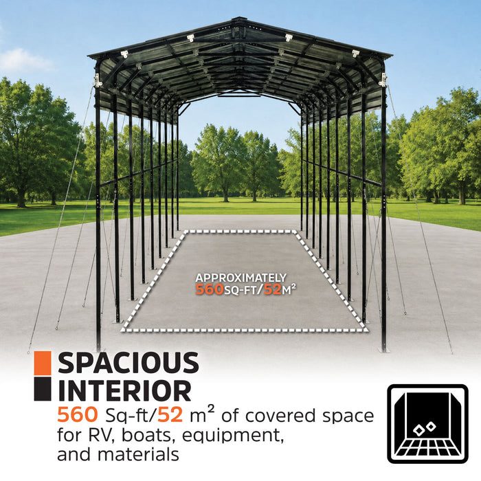 14' x 40' Metal Shed Shelter for Class-A RV, 16'2" Peak Height, 15' Inner Clearance, 14'1" Open Sidewalls, TMG-MSRV1440