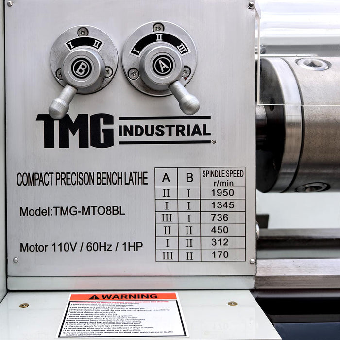 8" x 28" Compact Bench Lathe, 550 W Motor, 170-1950 RPM, 6 Spindle Speed, Metric & Imperial Threading, TMG-MT08BL