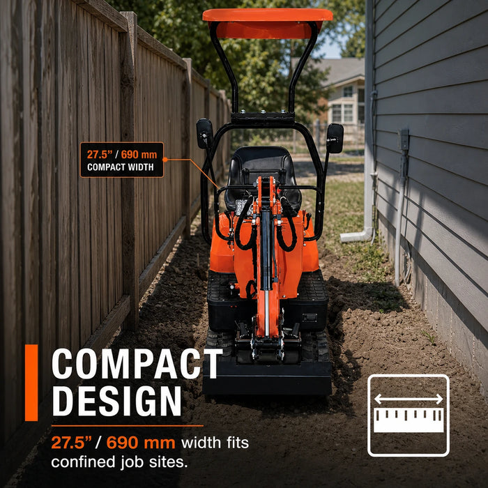 Mini-excavatrice compacte 1365 LB, moteur à essence 306cc/8.5HP, largeur de godet 11-½", force de creusement 2000 lb, TMG-MVE05