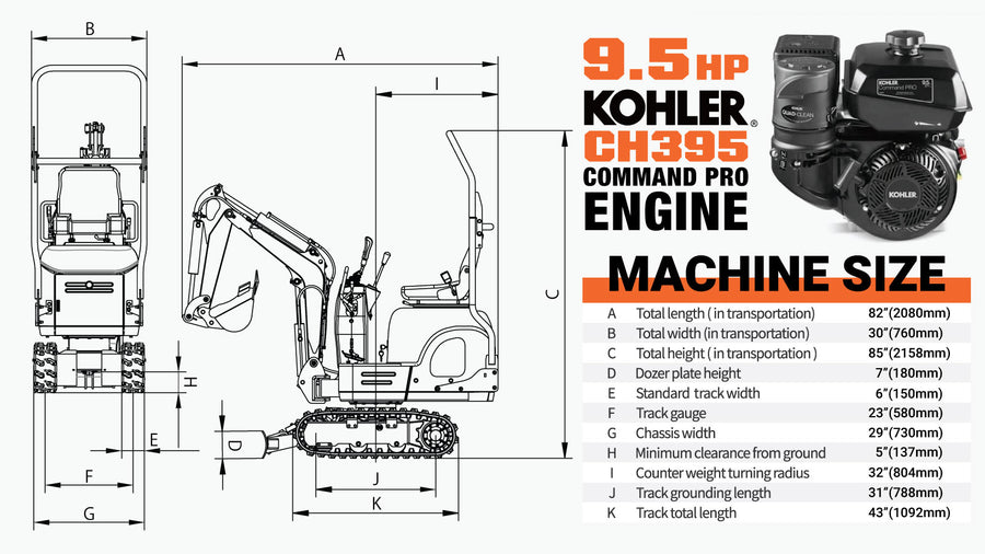Mini-pelle compacte, moteur Kohler de 9,5 HP, moteur hydraulique Eaton, rotation à 360°, godet de 11" TMG-MVE09K (Arrêté - N'est plus disponible)