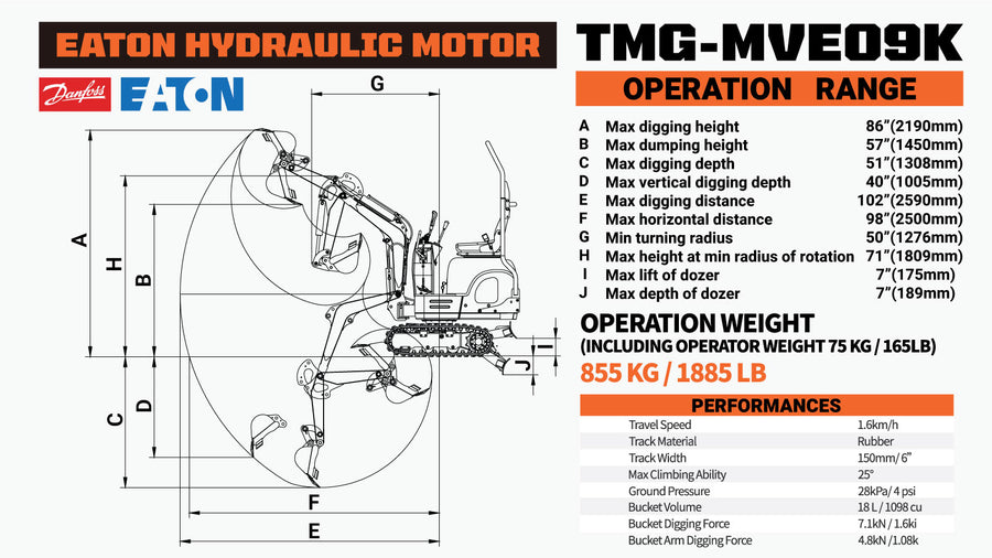 Mini-pelle compacte, moteur Kohler de 9,5 HP, moteur hydraulique Eaton, rotation à 360°, godet de 11" TMG-MVE09K (Arrêté - N'est plus disponible)