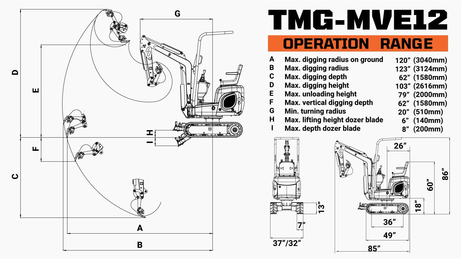 TMG Industrial 1200 KG Mini Compact Excavator, 14 HP Kubota Diesel, KDK Pump, Eaton Motor, Zero Tail Overhang, Adjustable Chassis Width, TMG-MVE12-specifications-image