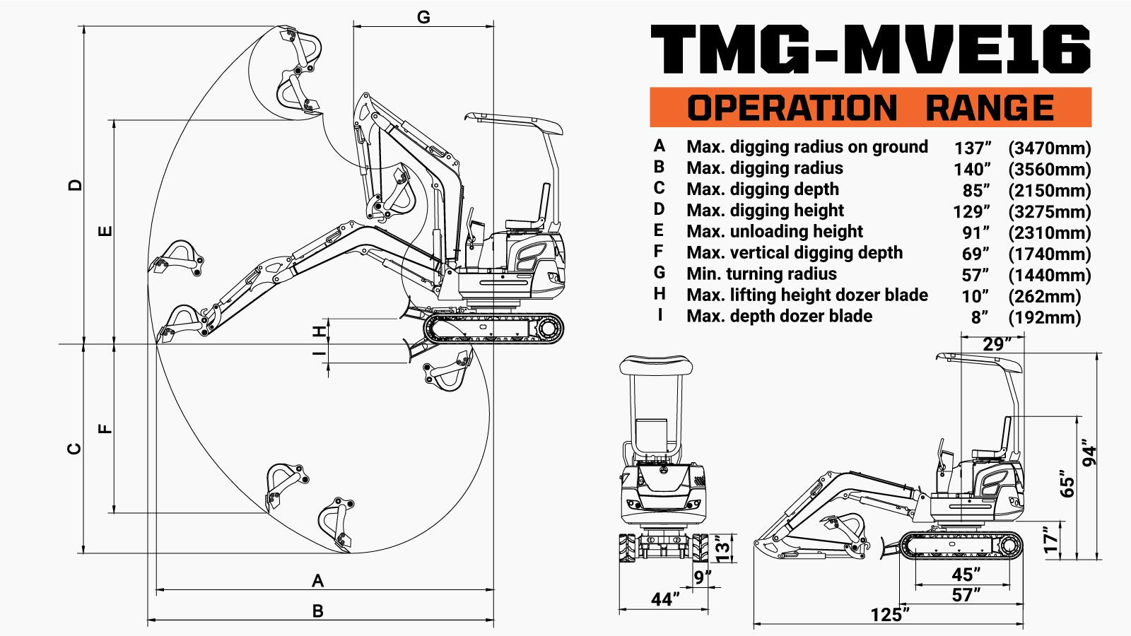 TMG Industrial 1600 KG Mini Compact Excavator, 16 HP Kubota Diesel, KDK Pump, Eaton Motor, 85” Digging Depth, TMG-MVE16-specifications-image