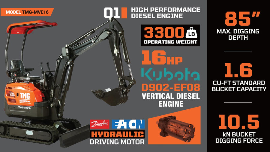 1600 KG Compact Mini Excavator, 16 HP Kubota Diesel, KDK Pump, Eaton Motor, 85" Digging Depth TMG-MVE16