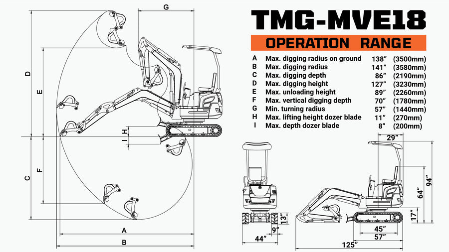 1800 KG Compact Mini Excavator, 16 HP Kubota Diesel, KDK Pump, Eaton Motor, 86" Digging Depth TMG-MVE18