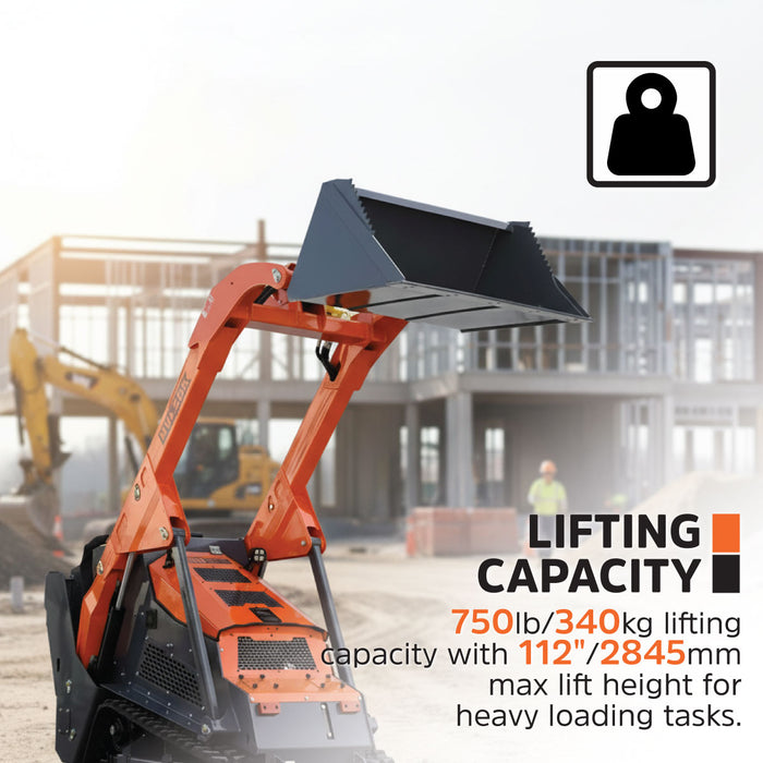 Mini Skid Steer Loader, 24.6HP Kubota Diesel Engine, 750lb Lift Capacity, 112in Lift Height with 44in Front Bucket, TMG-MVL28K