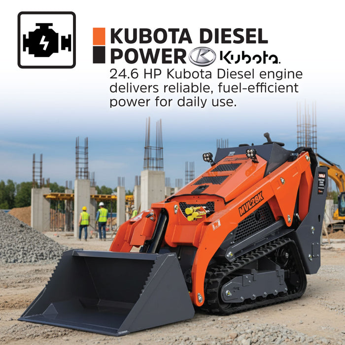 Mini Skid Steer Loader, 24.6HP Kubota Diesel Engine, 750lb Lift Capacity, 112in Lift Height with 44in Front Bucket, TMG-MVL28K