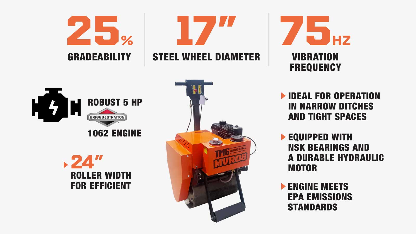 TMG Industrial 5 HP Single Wheel Vibratory Roller, 24” Roller Width, 17” Roller Diameter, EPA Emissions Compliance, TMG-MVR08-description-image