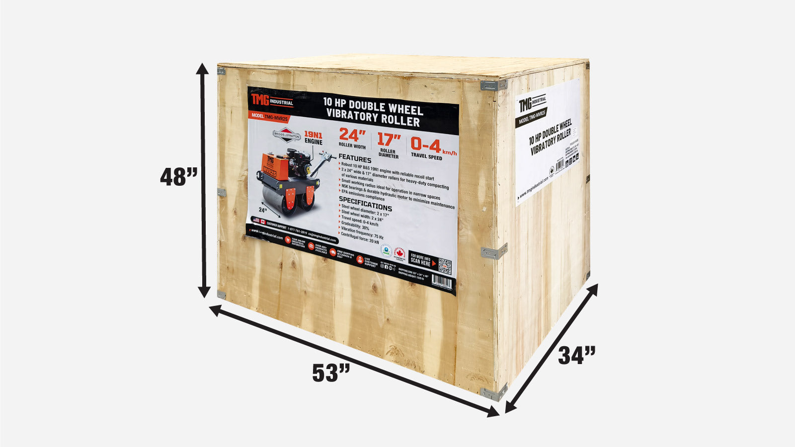 TMG Industrial 10 HP Double Wheel Vibratory Roller, 2 x 24” Wide & 17” Diameter Rollers, EPA Emissions Compliance, TMG-MVR25-shipping-info-image