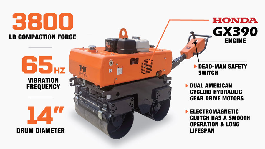 1-Ton Walk-Behind Double Drum Vibratory Roller, 13 HP Honda GX390 Gasoline Engine, 14" Drum, 3800 lb Compaction Force, Electromagnetic Clutch, Integrated Control Handle (Discontinued – No Longer Available) TMG-MVR30