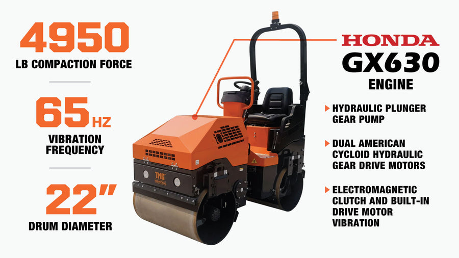 1.5-Ton Ride-On Double Drum Vibratory Roller, 20.7HP Honda GX630 Engine, 22'' Drum, 4950 lb Compaction Force TMG-MVR50