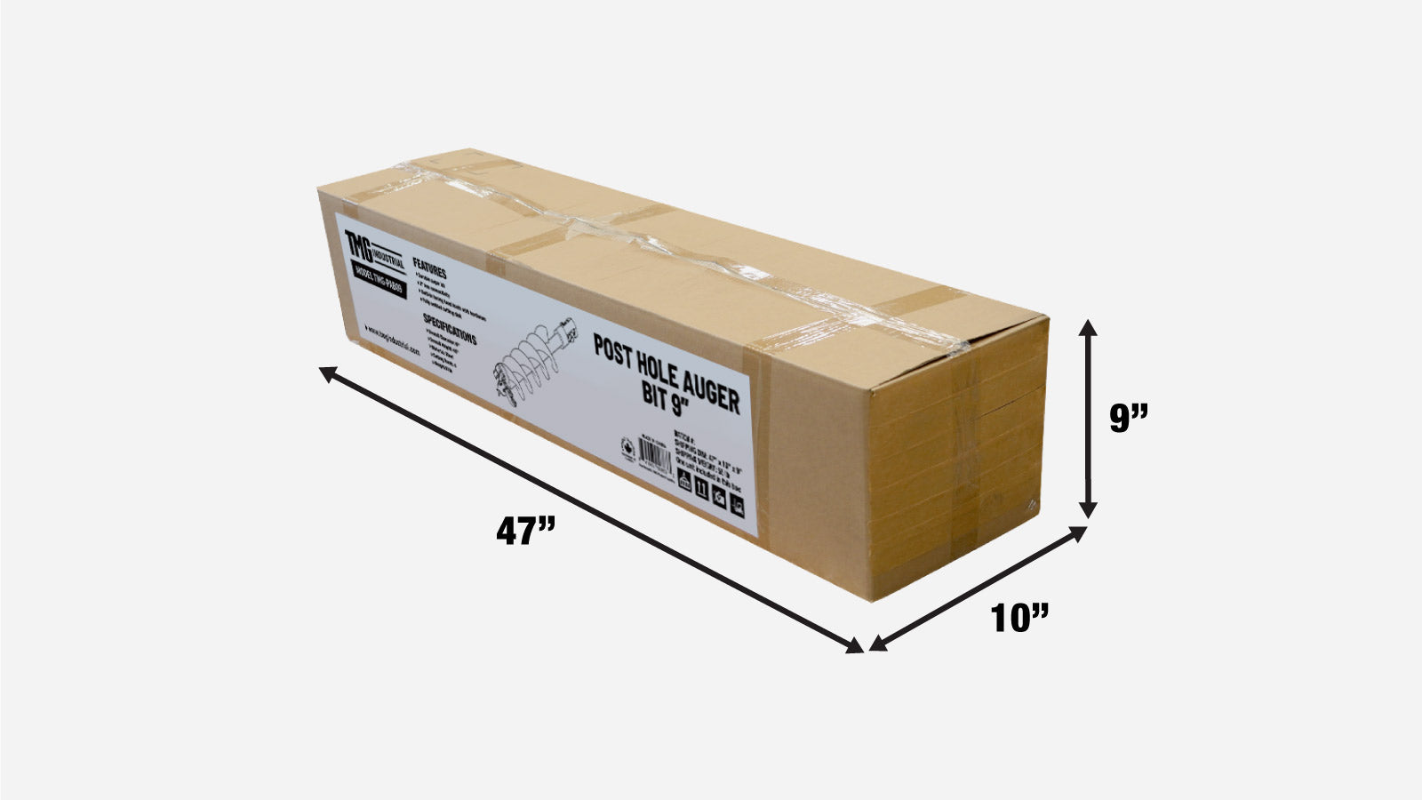 TMG Industrial 9” Post Hole Auger Bit, 48” Height, Fully Welded Cutting Disk, 4 Sharp Cutting Teeth, 2” Hex Connectivity, Built-In Boring Head, High Quality Steel, TMG-PAB09-shipping-info-image