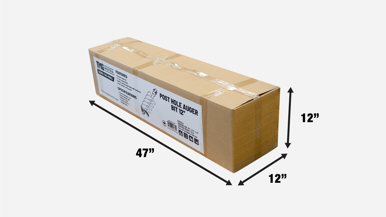 TMG Industrial 12” Post Hole Auger Bit, 48” Height, Fully Welded Cutting Disk, 4 Sharp Cutting Teeth, 2” Hex Connectivity, Built-In Boring Head, High Quality Steel, TMG-PAB12-shipping-info-image