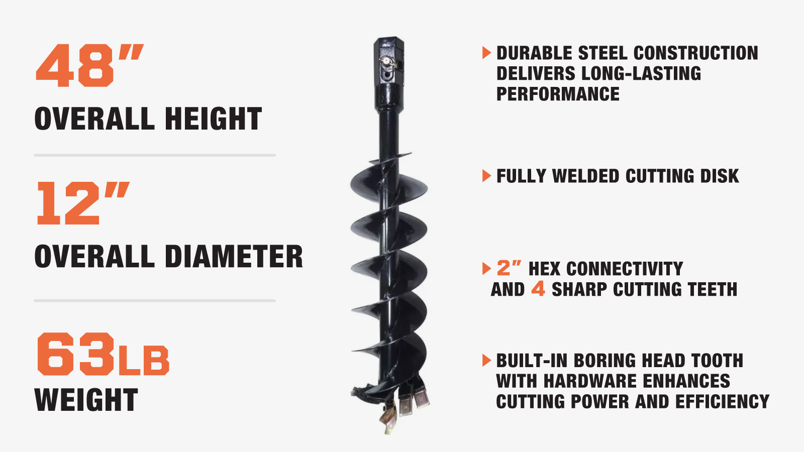 TMG Industrial 12” Post Hole Auger Bit, 48” Height, Fully Welded Cutting Disk, 4 Sharp Cutting Teeth, 2” Hex Connectivity, Built-In Boring Head, High Quality Steel, TMG-PAB12-description-image