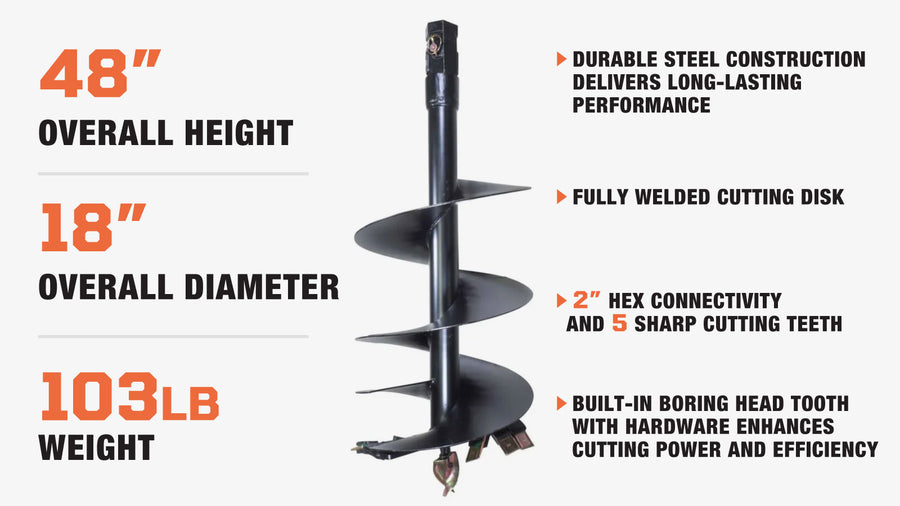 18" Post Hole Auger Bit, 48" Height, Fully Welded Cutting Disk, 5 Sharp Cutting Teeth, 2" Hex Drive, Built-In Boring Head, TMG-PAB18