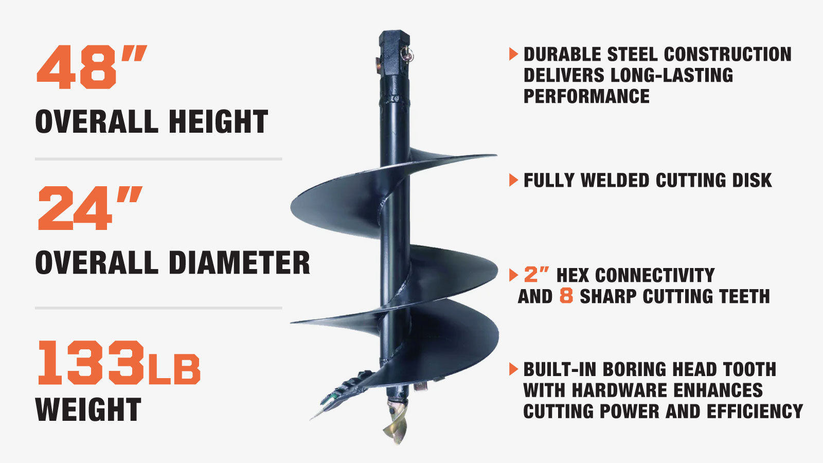 TMG Industrial 24” Post Hole Auger Bit, 48” Height, Fully Welded Cutting Disk, 8 Sharp Cutting Teeth, 2” Hex Drive, Built-In Boring Head, TMG-PAB24-description-image