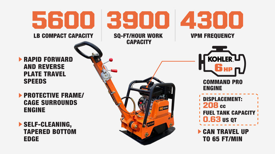 Compacteur à plaque vibrante réversible de 5600-lb, moteur Kohler Command Pro de 6 HP (discontinué – plus disponible), TMG-PC150K