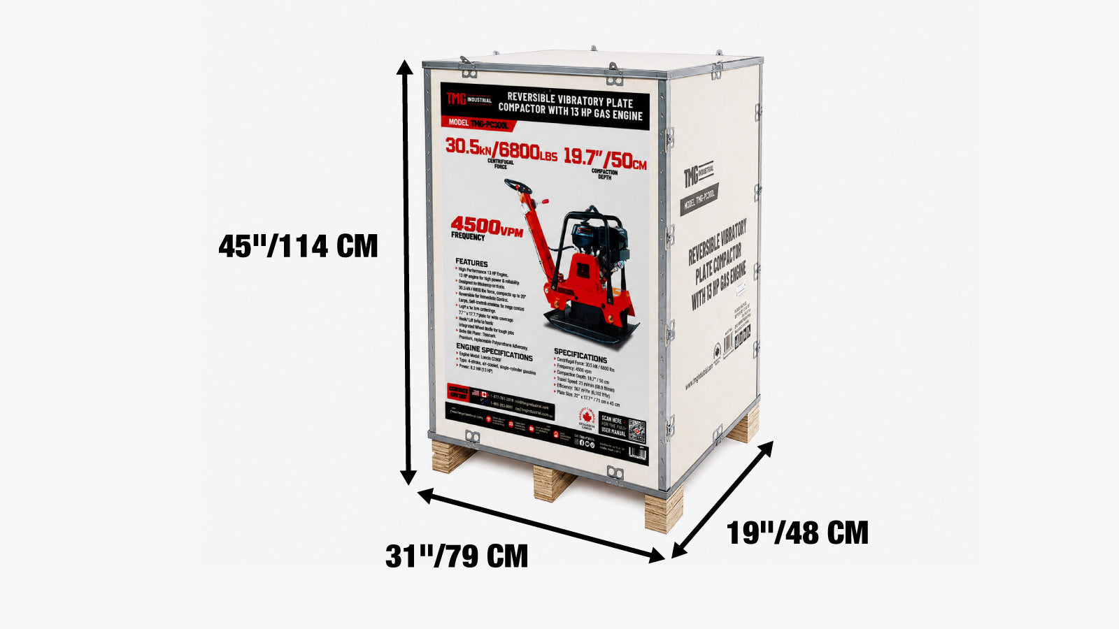 6800-lb Reversible Vibratory Plate Compactor with 13 HP Gas Engine, 20' Compaction Depth TMG-PC300L-shipping-info-image
