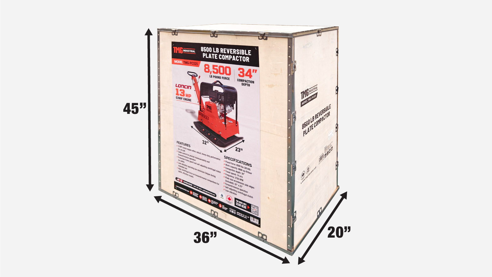 TMG Industrial 8500 Lbs Reversible Plate Compactor, 13 HP Loncin G390F EPA Engine, Self-Adjusting Centrifugal Clutch, TMG-PC325-shipping-info-image