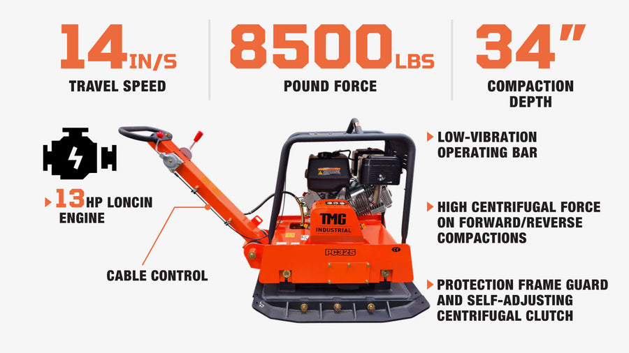 8500 Lbs Reversible Plate Compactor, 13 HP Loncin G390F EPA Engine, Self-Adjusting Centrifugal Clutch, TMG-PC325