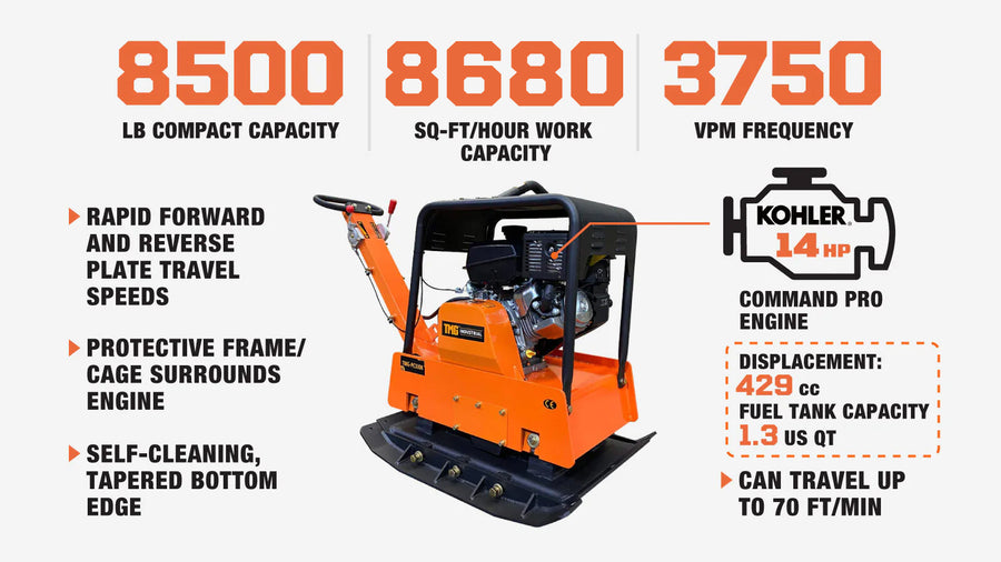 TMG Heavy Series™ Reversible Plate Compactor, 8500-lb Compact Capacity, 14 HP CH440 Kohler Command Engine, 34" Compaction Depth, (Discontinued – No Longer Available) TMG-PC330K