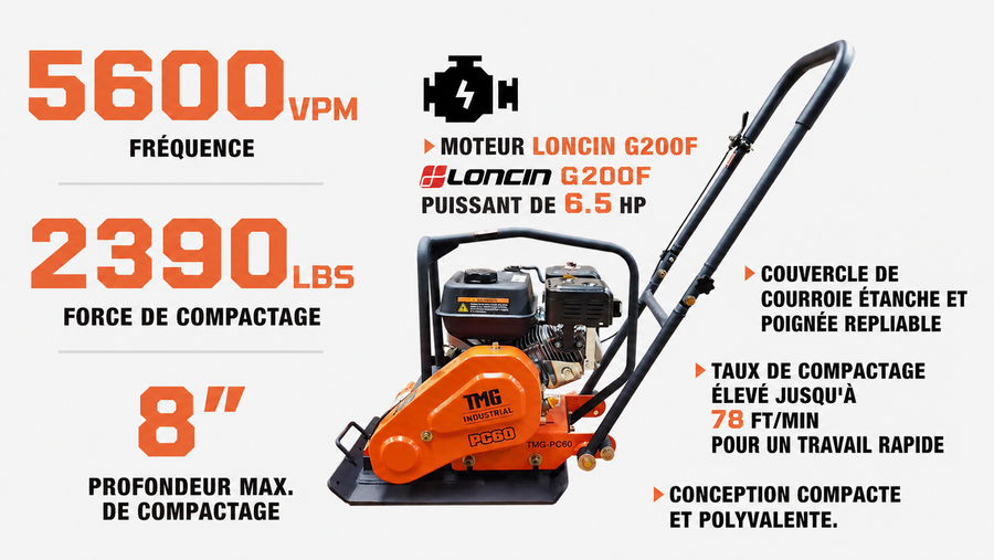 Compacteur de plaque robuste de 2380 lb, moteur Loncin G200F de 6,5 HP, profondeur de compactage de 8 po, TMG-PC60