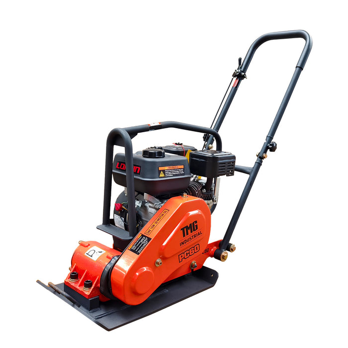 2380 Lbs Heavy-Duty Plate Compactor, 6.5 HP Loncin G200F Engine, 8” Compaction Depth angled view