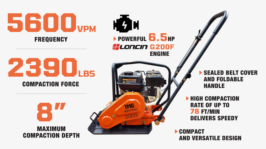 2380 Lbs Heavy-Duty Plate Compactor, 6.5 HP Loncin G200F Engine, 8" Compaction Depth, TMG-PC60