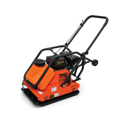 Orange TMG Industrial plate compactor showing engine, water tank, steel base.