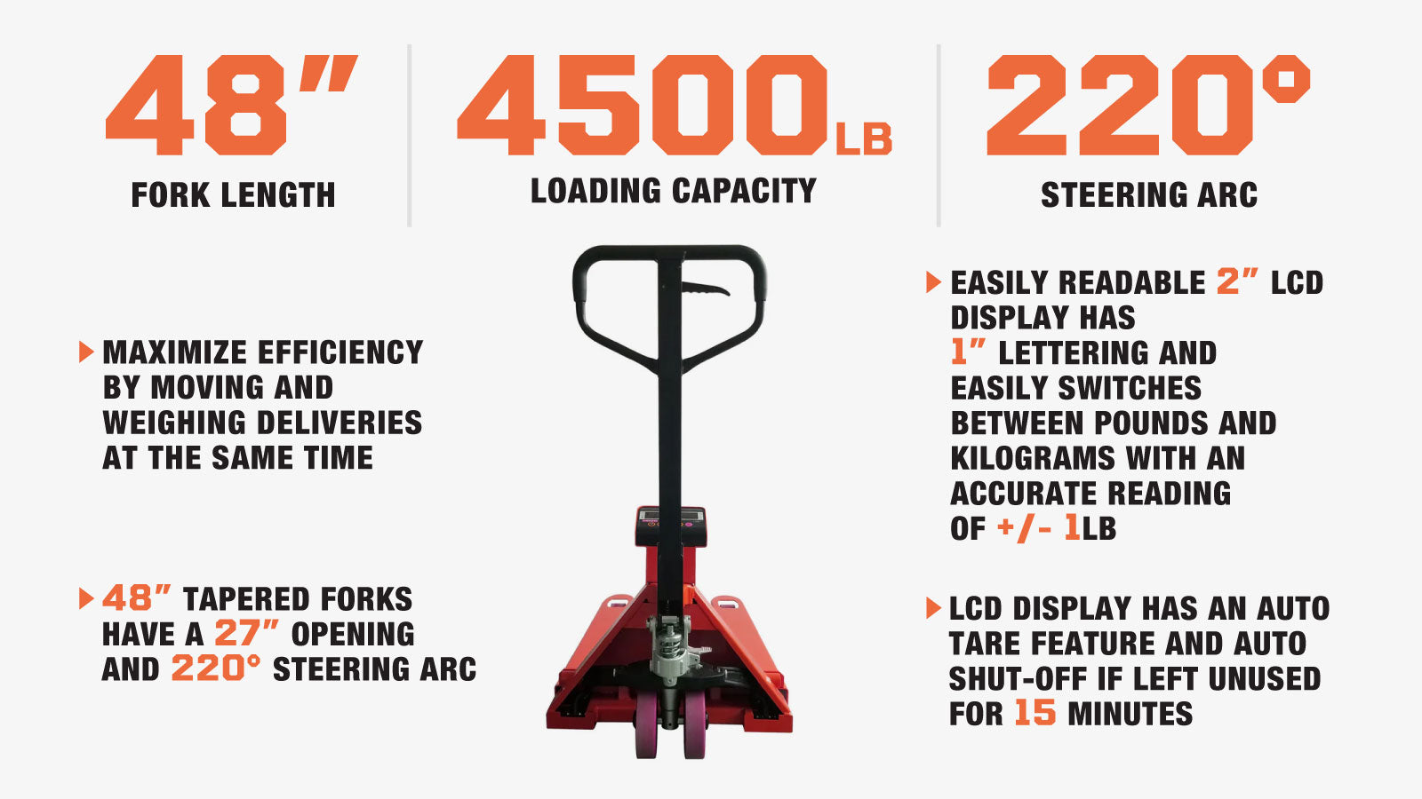 TMG Industrial 4500-lb Truck Scale Pallet Jack, 2” LCD, Lb/Kg Switchable, 220° Steering Arc, Poly Wheels & Rollers, 48”  Forks, TMG-PJ45S-description-image