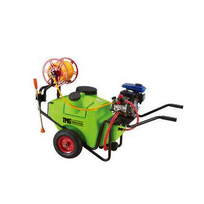 Green tank with engine, hose reel and wand on 25 Gal Wheelbarrow Sprayer