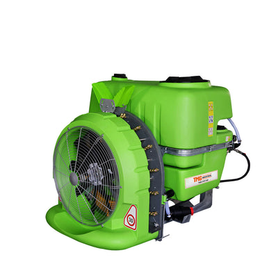 TMG-PST160 orchard airblast mist sprayer showing the green tank and large guarded fan at an angle.