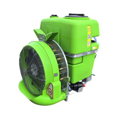 TMG-PST80 orchard airblast mist sprayer showing its green tank and large guarded fan at an angle.