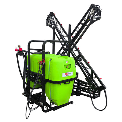 TMG-PSTB160H hydraulic folding boom sprayer at an angle, showing the green tank, raised folded booms and hoses.