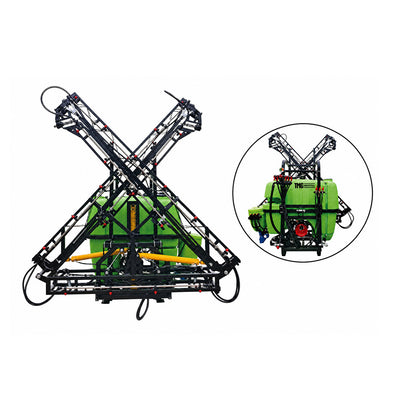 Front view of 160 Gal Boom Sprayer with booms crossed and rear inset