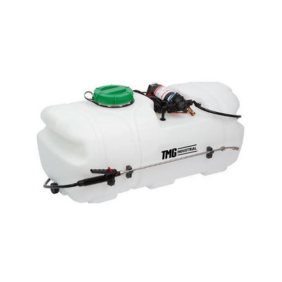 White tank with pump, wand and green lid, 25 Gal ATV Spot Sprayer