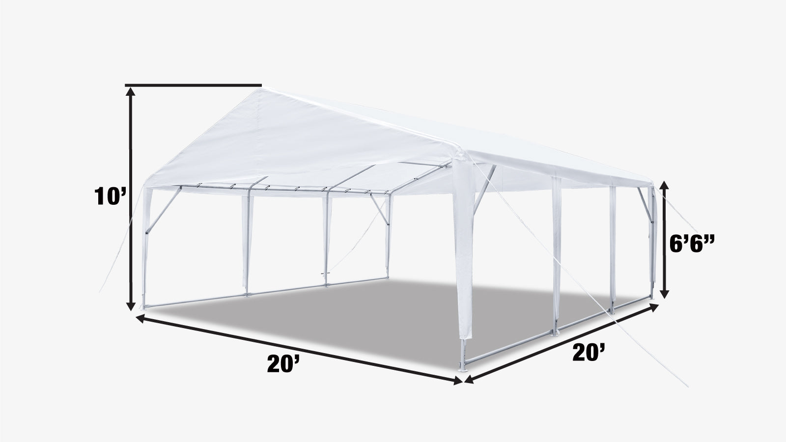 TMG Industrial 20’ x 20’ Heavy Duty Outdoor Party Tent, PE Tarpaulin Fabric, 6’6” Overhead, 10’ Peak Ceiling, TMG-PT2020A-specifications-image