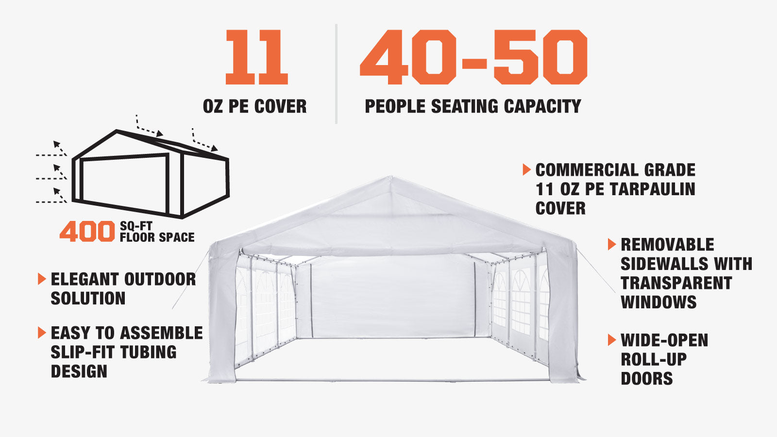 TMG Industrial 20' x 20' Heavy Duty Outdoor Party Tent with Removable Sidewalls and Roll-Up Doors, PE tarpaulin fabric, 6’6” Overhead, 10’ Peak Ceiling, TMG-PT2020F-description-image