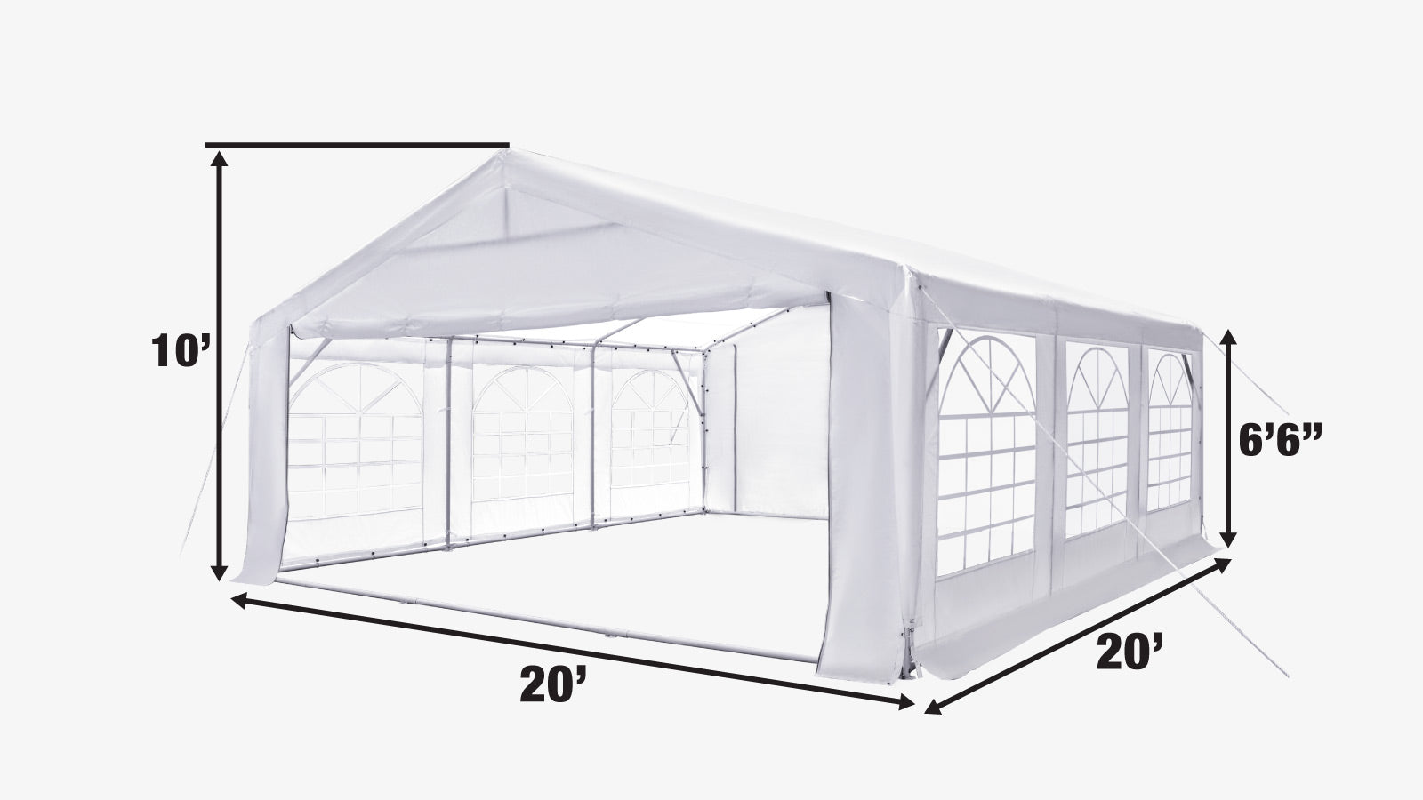 TMG Industrial 20' x 20' Heavy Duty Outdoor Party Tent with Removable Sidewalls and Roll-Up Doors, PE tarpaulin fabric, 6’6” Overhead, 10’ Peak Ceiling, TMG-PT2020F-specifications-image